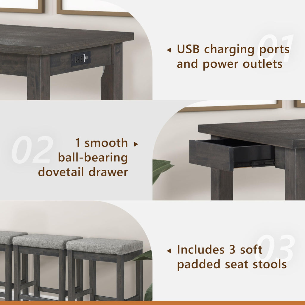 4-Piece Counter Height Table & Stool Set with USB Ports, Gray