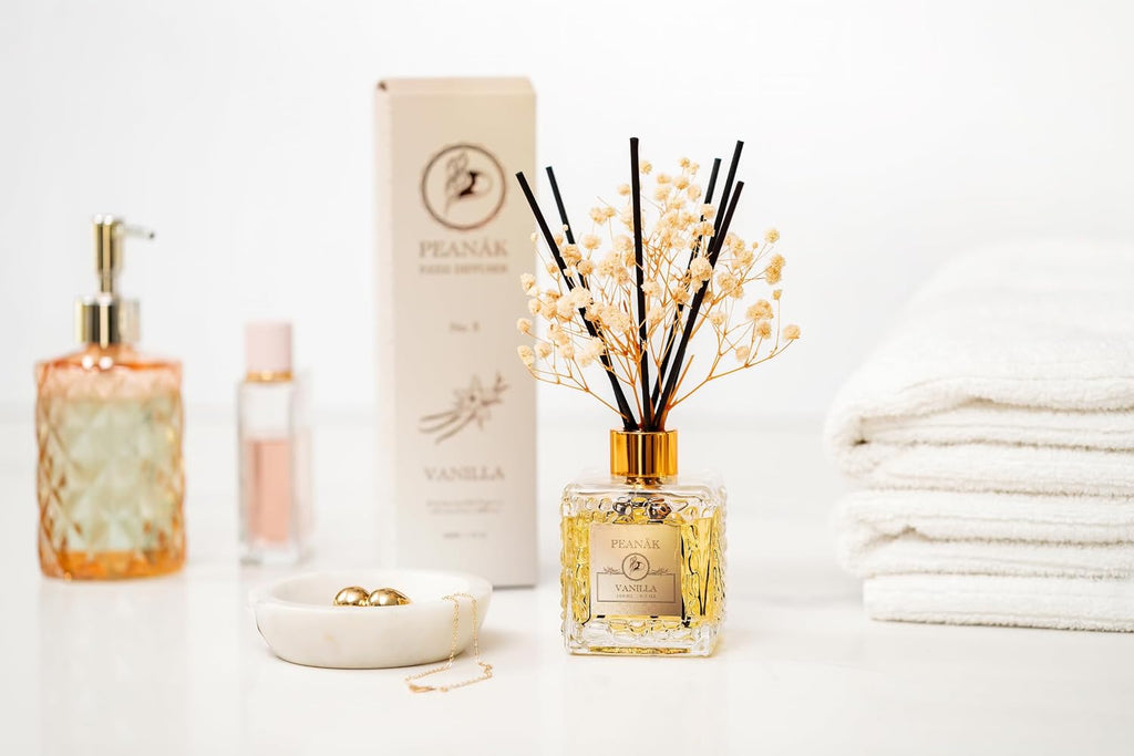 Reed Diffuser Set - Vanilla Coconut Oil, Oil Diffuser with Sticks, Bathroom Diffuser, Bathroom Shelf Decor, 200ml