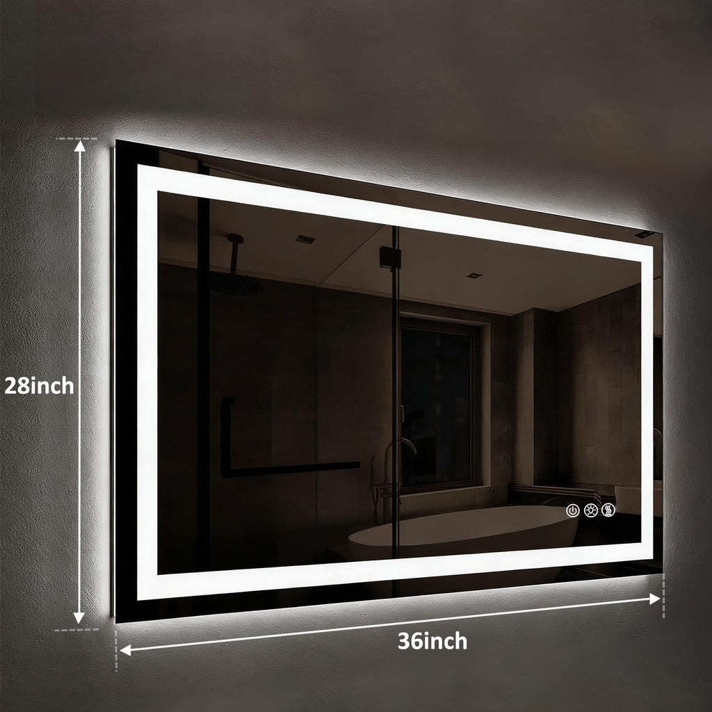 36x28 Inches LED Bathroom Mirror with Lights, Vanity Mirror with Front and Backlight, Smart Dimmable Anti-Fog LED