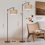 Arc Floor Lamps, Boho Farmhouse Floor Lamp with Remote & Dimmable Bulb, Standing Lamp with Rattan & Fabric Shades