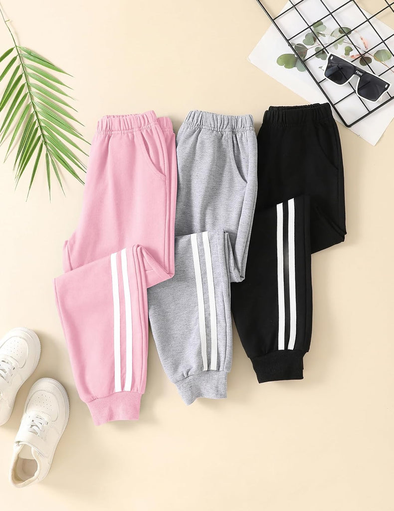Girls' 3 Pack Cotton Sweatpants Elastic Waisted Joggers Athletic Pants with Pockets for Kids