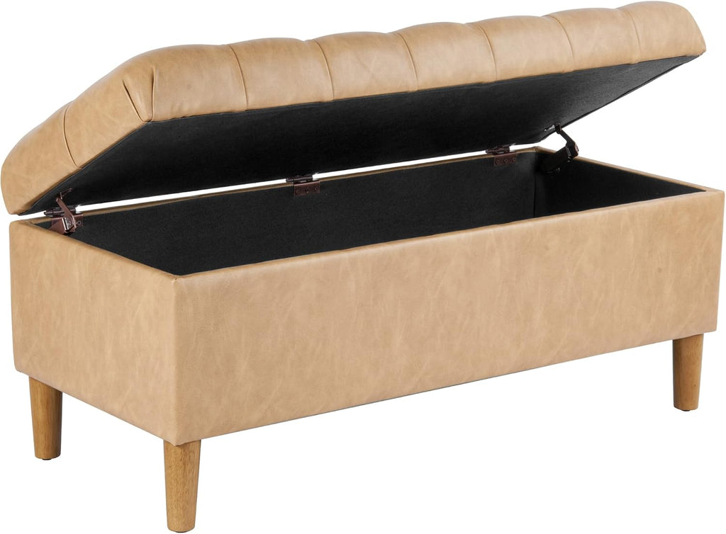 40" Button Tufted Storage Bench with Cone Wood Legs - Sand Faux Leather