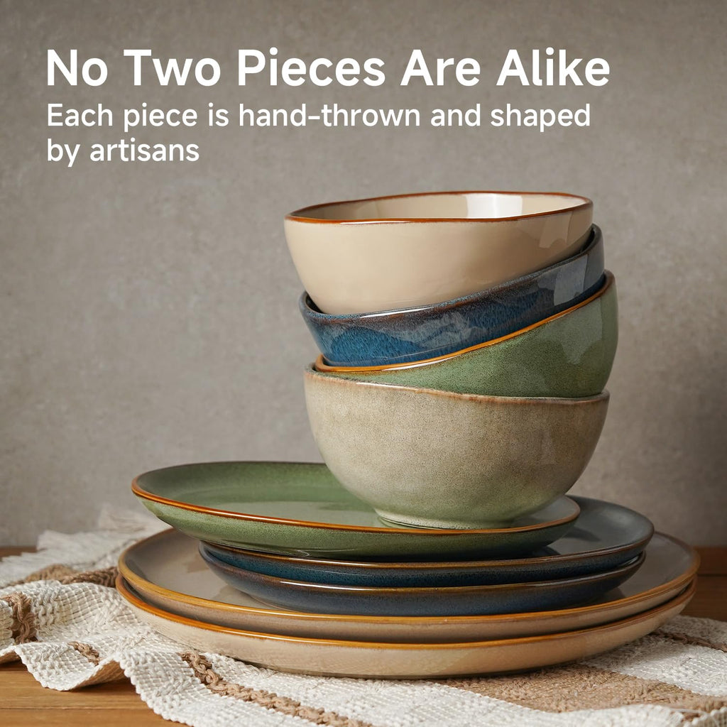 Stoneware Dinnerware Sets for 8, Reactive Glaze Plates and Bowls, White