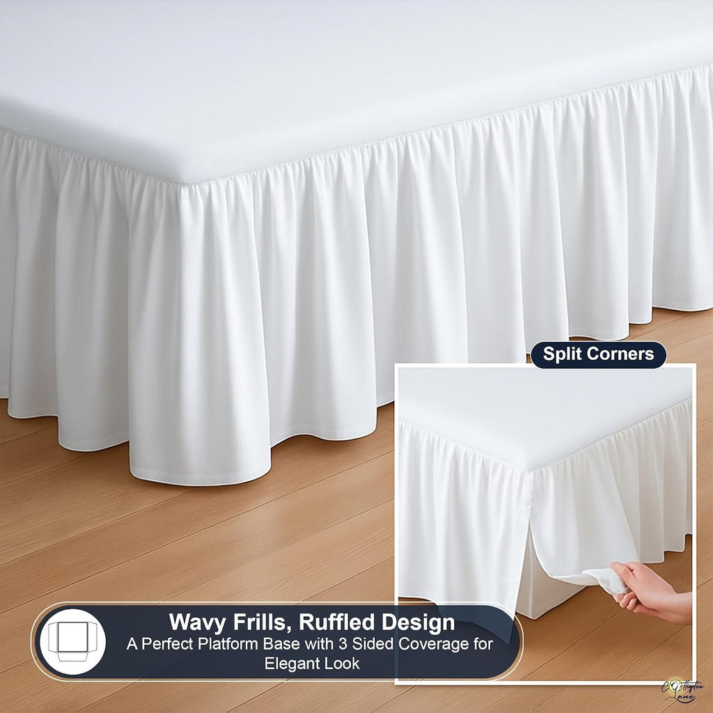 Ruffled Bed Skirt Queen Size with Split Corner, Brushed Microfiber Hotel Quality White Dust Ruffle, 15 Inch Drop