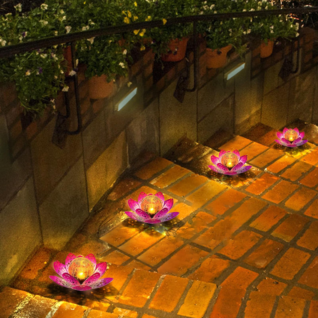 2 Pack Solar Garden Decor Lights Outdoor, Decorative Lotus Flower Solar Path Lights with Crackle Glass Globe, IP44