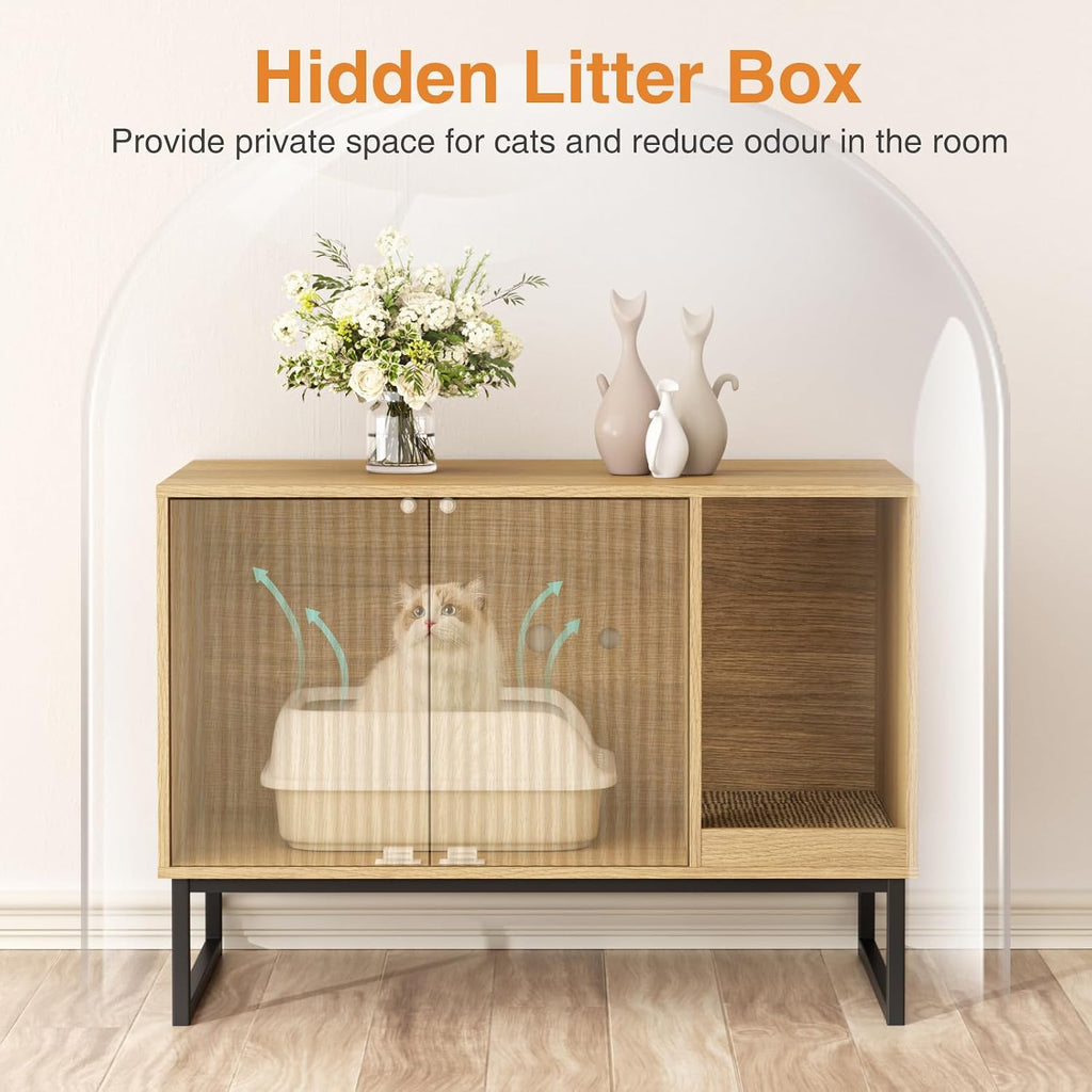 Cat Litter Box Enclosure, Fluted Hidden Litter Box Furniture with Scratch Pad and Metal Legs, Modern Enclosed Cat