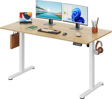 55 Inch Standing Desk with Split Top, Computer Desk, Maple | LED Touchscreen, Headphone Hook, 3 Memory Preset