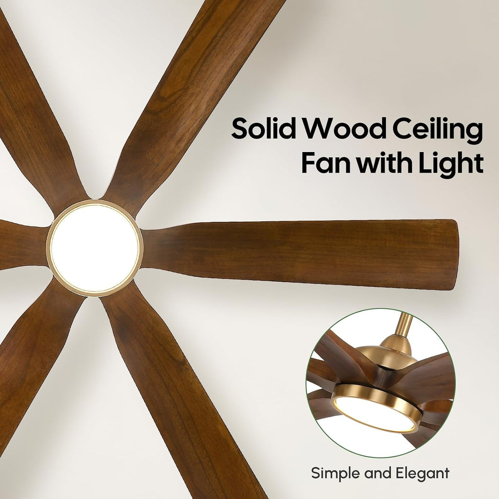 72" Gold Ceiling Fan with Light, 6 Solid Walnut Wood Blades, Remote