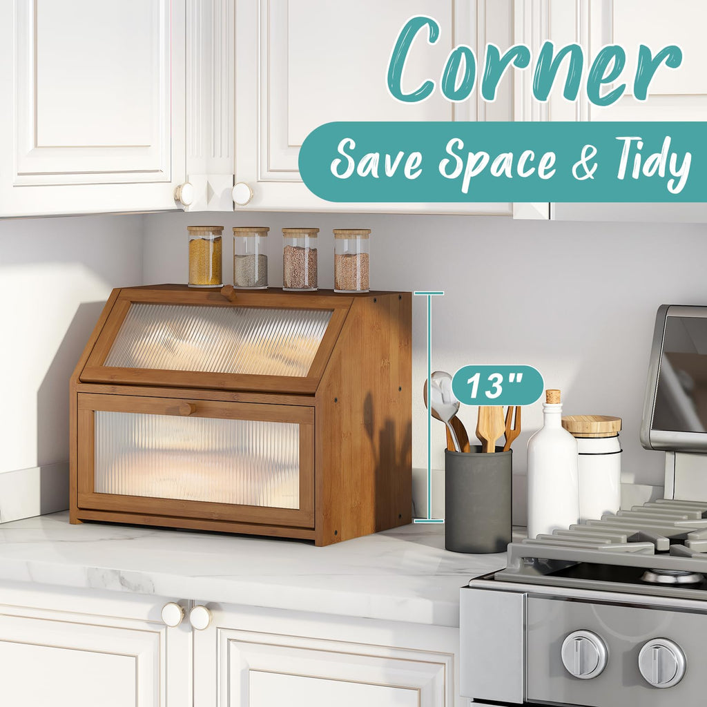 Counter, Large Bamboo Wood Double Layer, Wooden Bread Storage Capacity