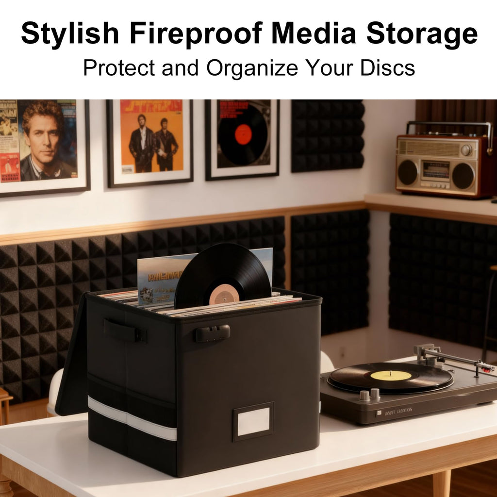 Vinyl Record Storage Box with Lock, 2-Pack Fireproof & Waterproof