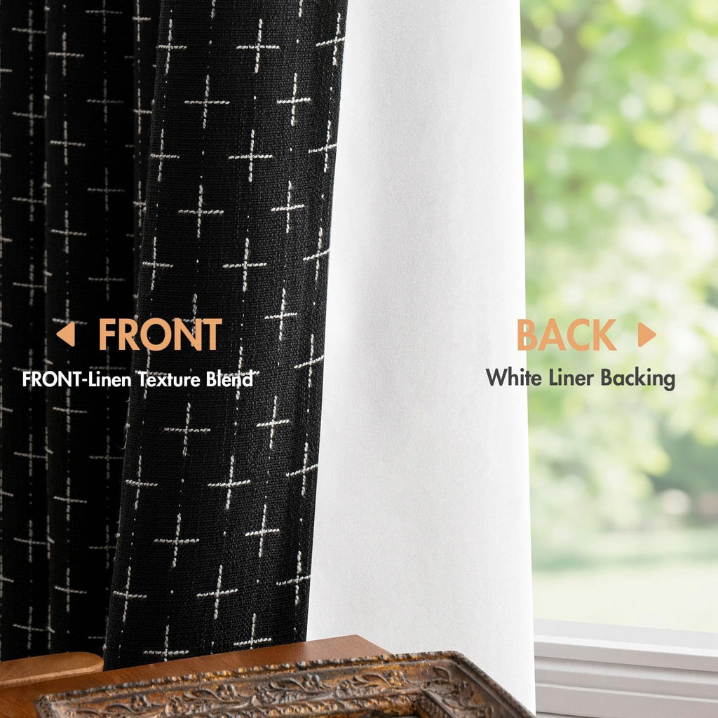 100% Blackout Decorative Linen Curtains with Geometric Pattern, Thick Woven Farmhouse Rustic Patterned Drapes with Back Tab for Bedroom and Living Room, Black, 52 x 84 Inches, 2 Panels