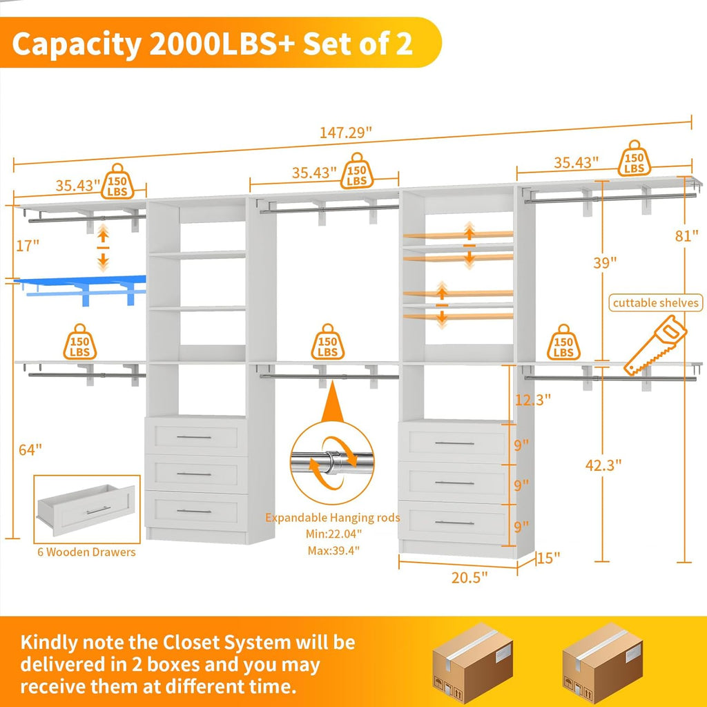 Closet System with 6 Wood Drawers, 6-12FT Closet Organizer System with Cuttable Shelves for Walk in Closet with 6