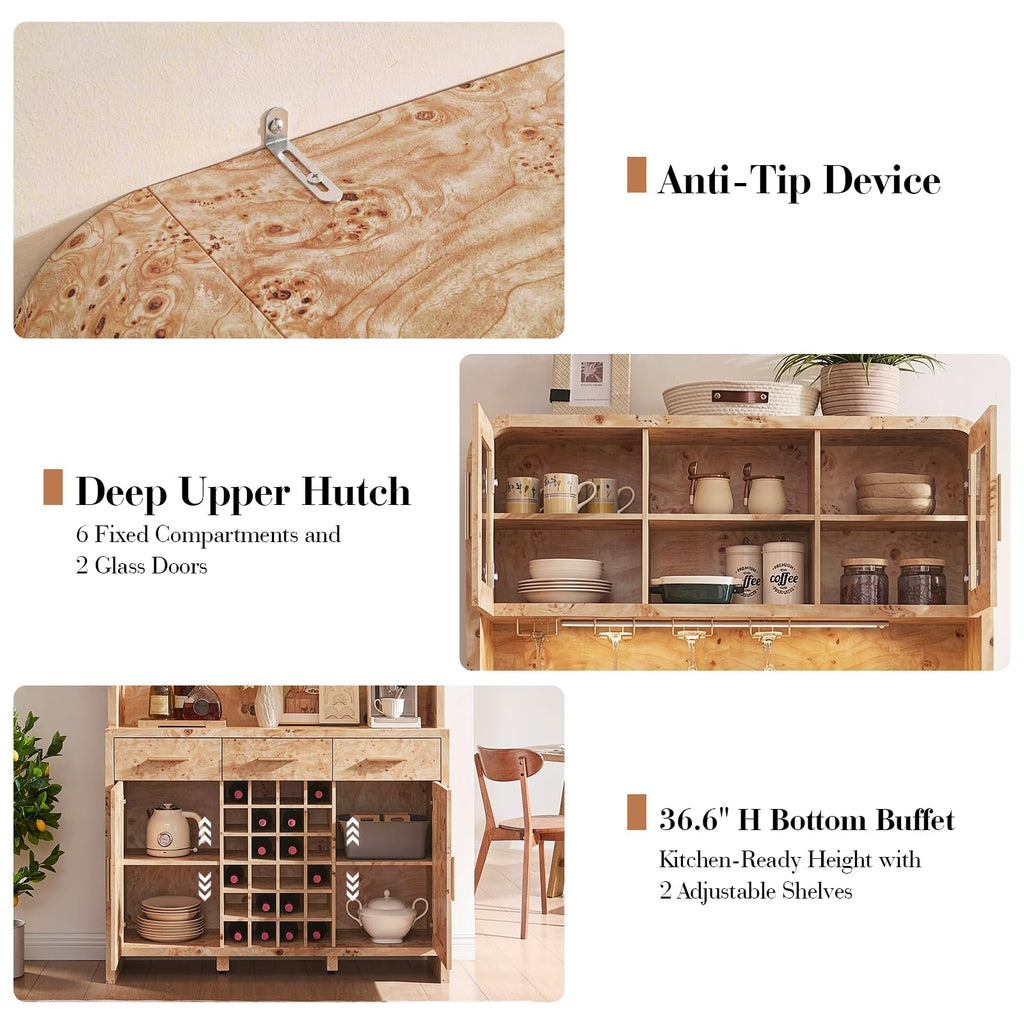 77" Tall Pantry Cabinet & Coffee Bar Cabinet with Storage, Light Burl, 2 Pcs