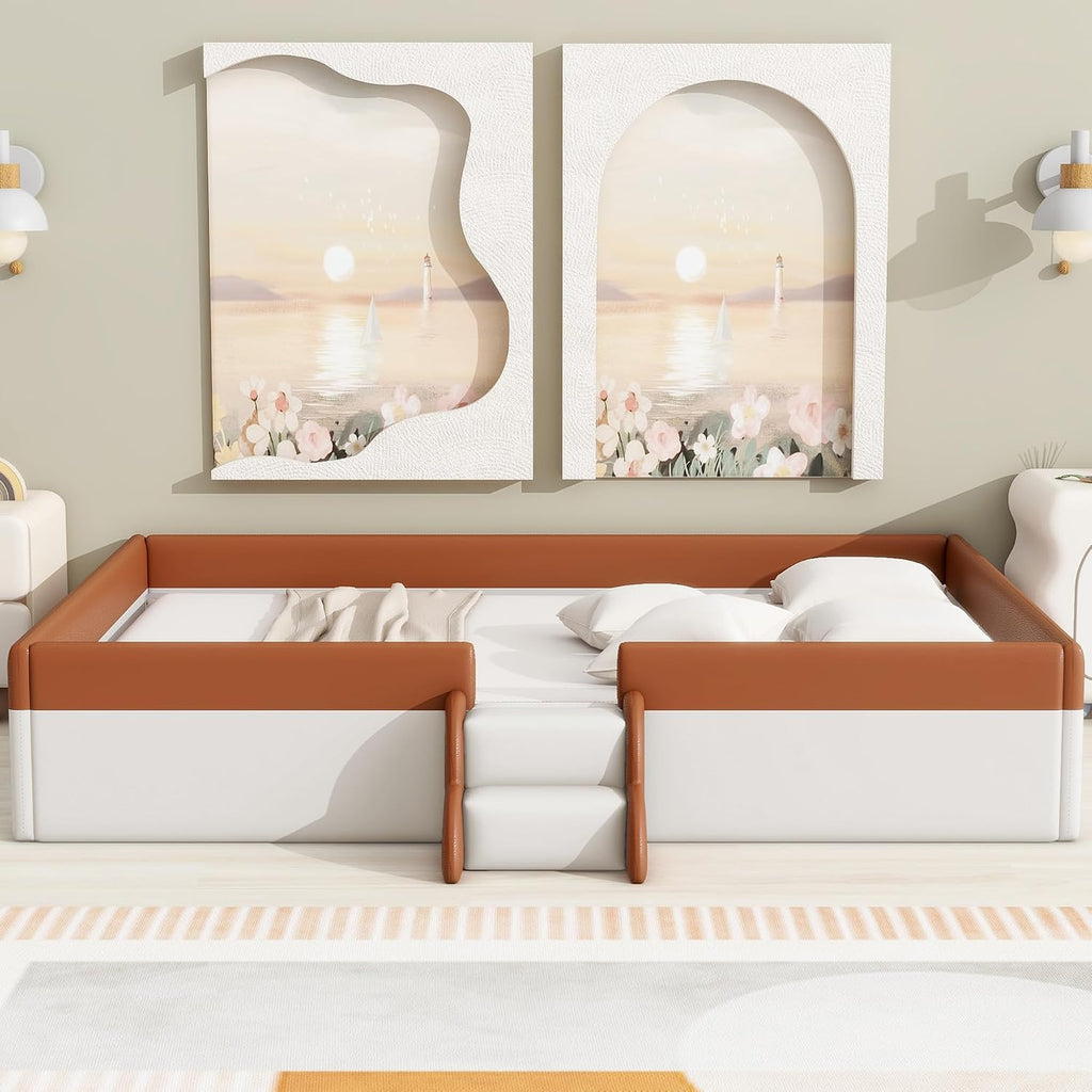 Queen Size Montessori Floor Bed with Stairs, PU Upholstered Montessori Bed Frame with Slats and Fence, Easy Assemble