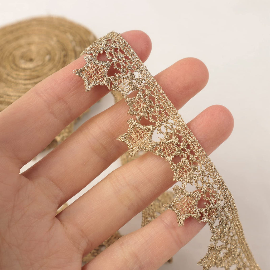 Gold Lace Trim 4.8 Yards Venice Gold Ribbon Metaillic Embroidery Lace Star Craft Lace for Sewing, Cake Fringe