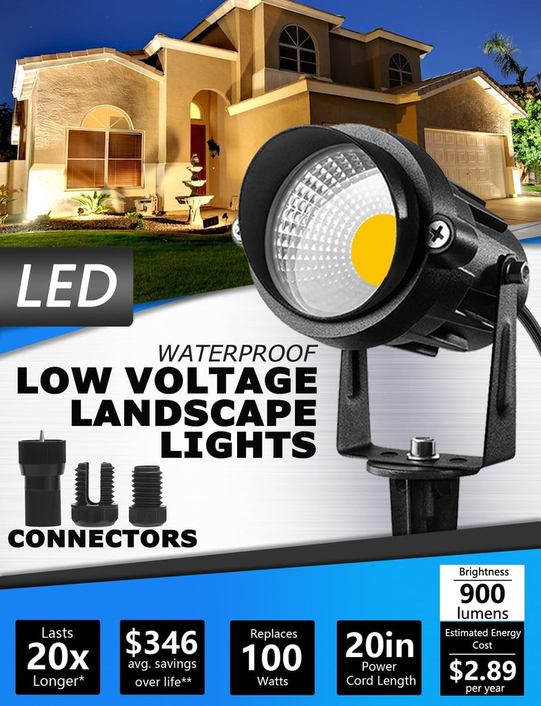 12W Low Voltage LED Landscape Lights with Connectors, Outdoor 12V Super Warm White (900LM) Waterproof Garden Pathway