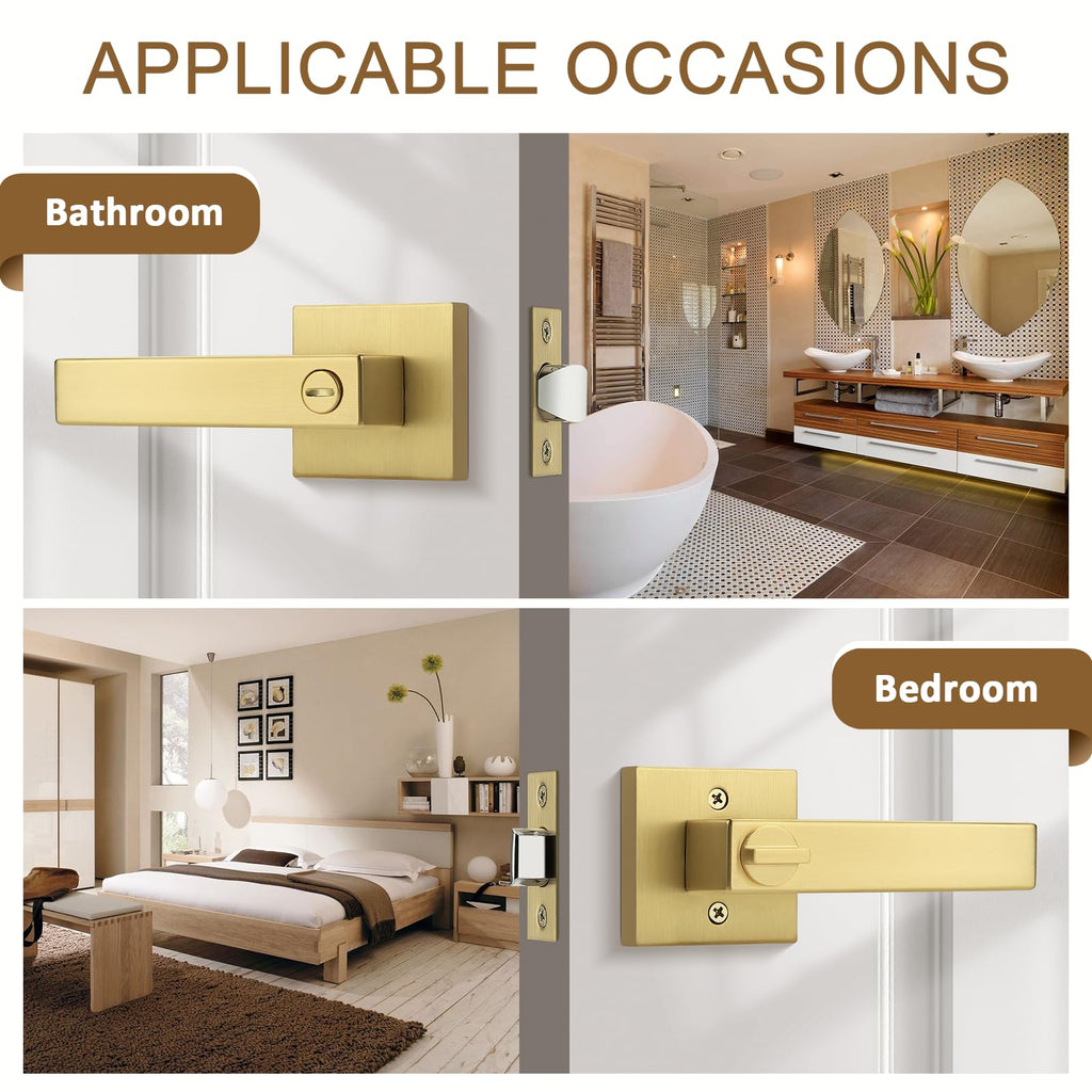 2 Pack Gold Privacy Door Handles,Heavy Duty Satin Brass Door Knobs with Lock ,Square Interior Keyless Locksets