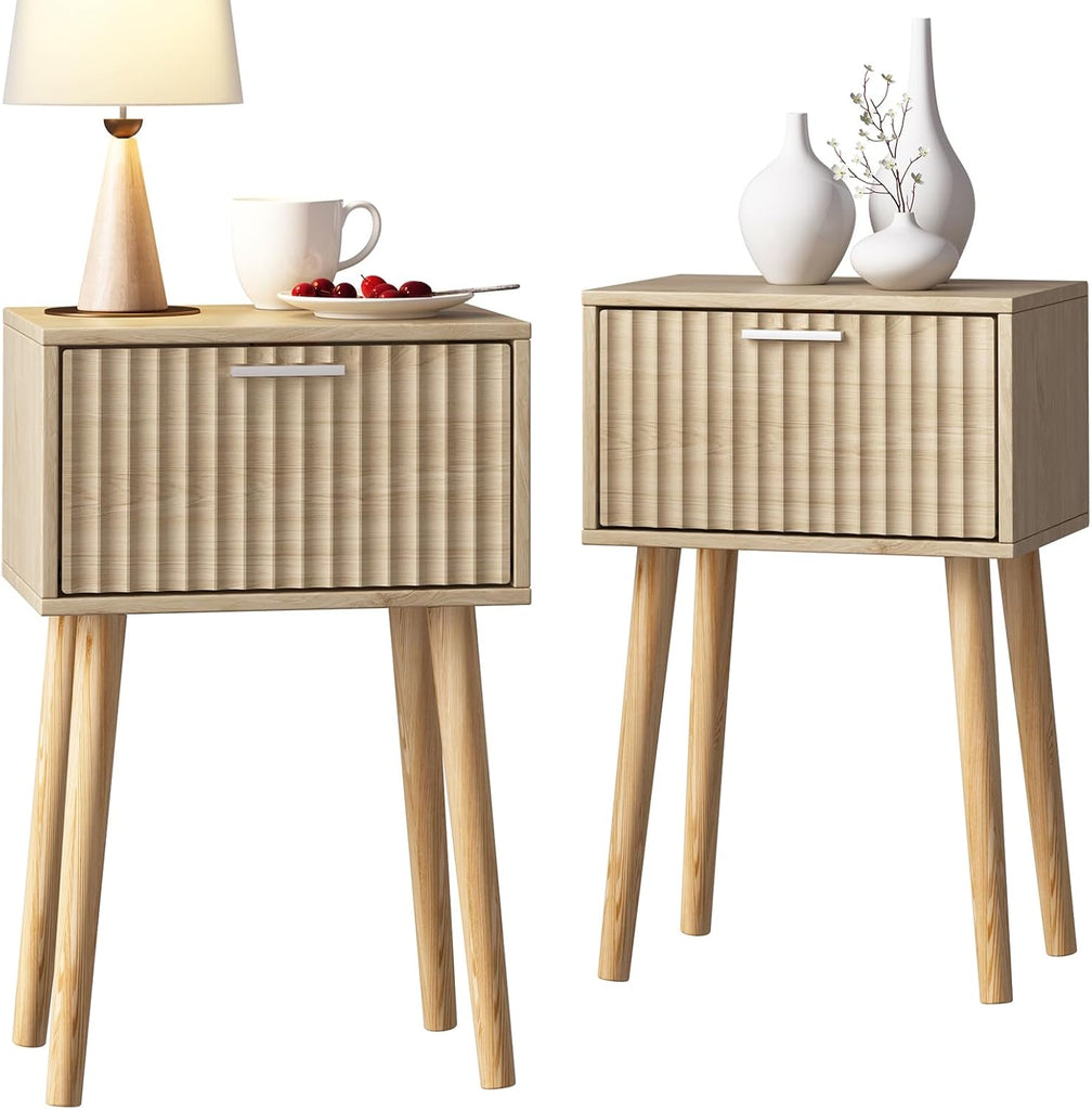 Nightstands Set of 2, Small Side Table, Bedside Table with Fluted Door, Solid Wood Feet; Modern Mid-Century End Table
