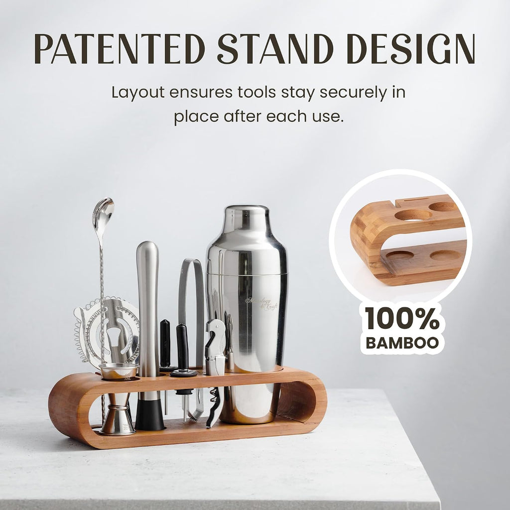 Mixology Cocktail Shaker Set - 10-Piece Cocktail Making Set - Home Bartender Kit in Bamboo Stand with Spoon, Boston - Set of 10