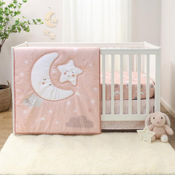 New Moon 3-Piece Baby Girl Crib Bedding Set - Pink Nursery Quilt Comforter, Sheet & Skirt - Baby Crib Bedding Set