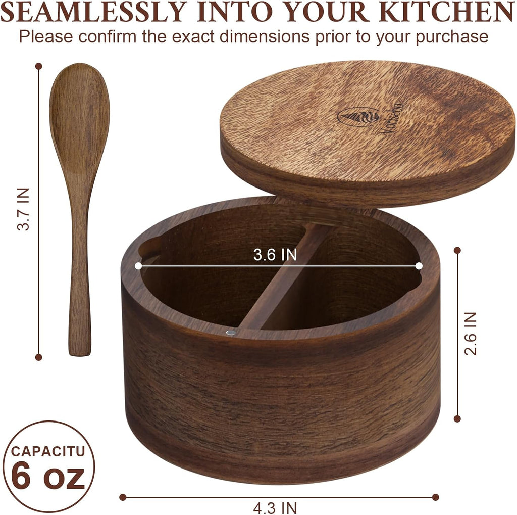 Salt Cellar with Lid & Spoon, Acacia Wood Salt Container, Salt Holder