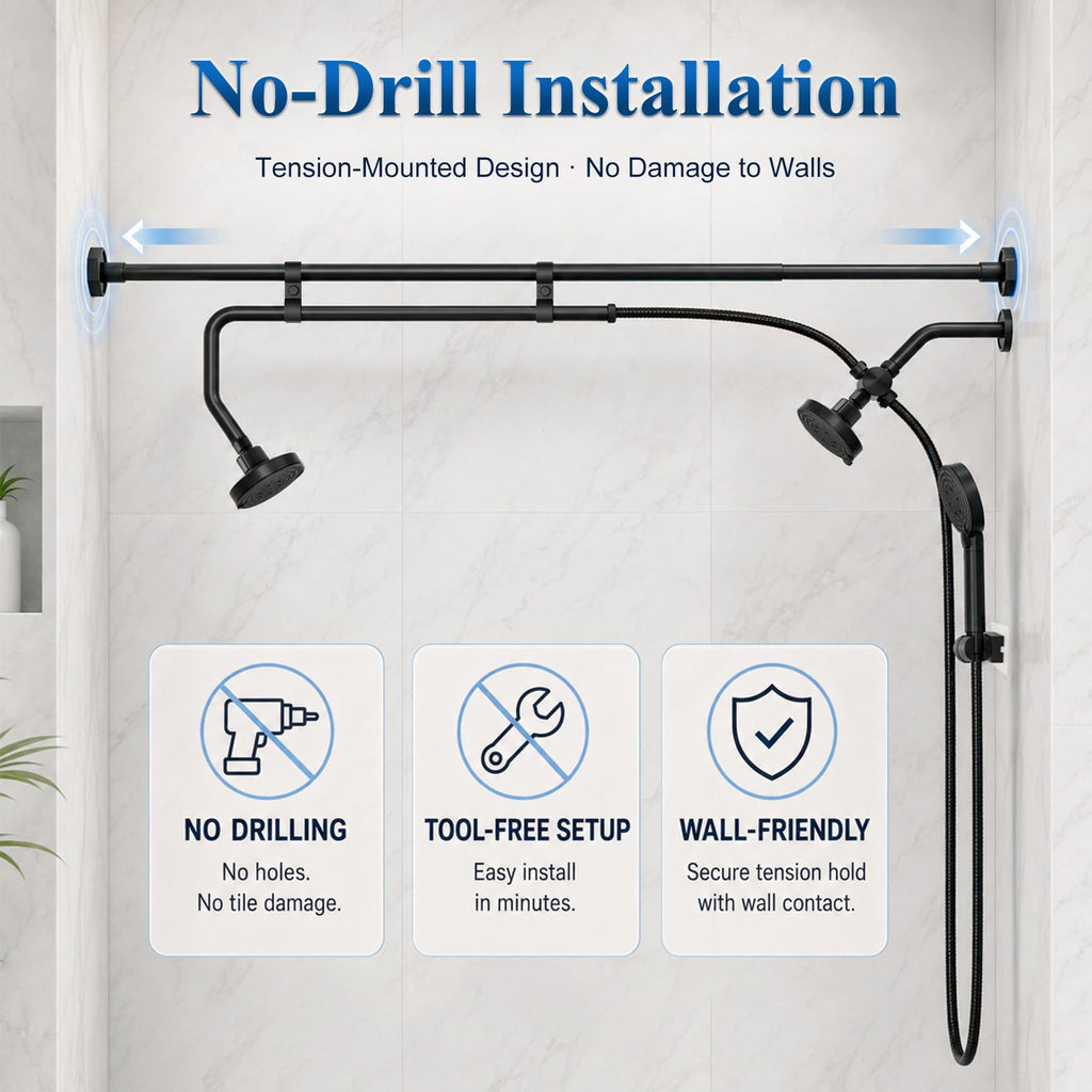 Tandem Shower Head for Two, Dual Shower Head Combo with Handheld, No-Drill