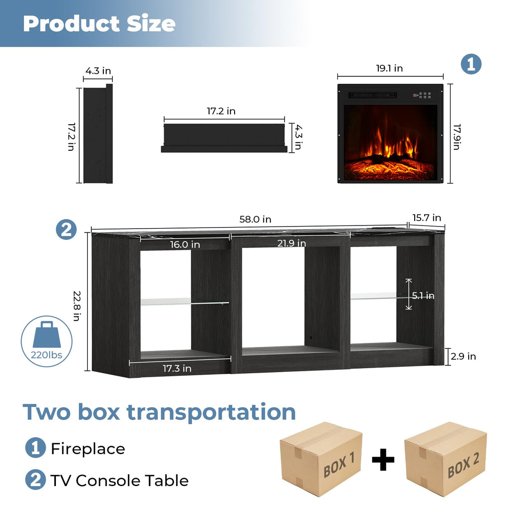 Electric Fireplace TV Stand for TVs Up to 65", 58" Entertainment Center Console Table with 18" Fireplace/LED