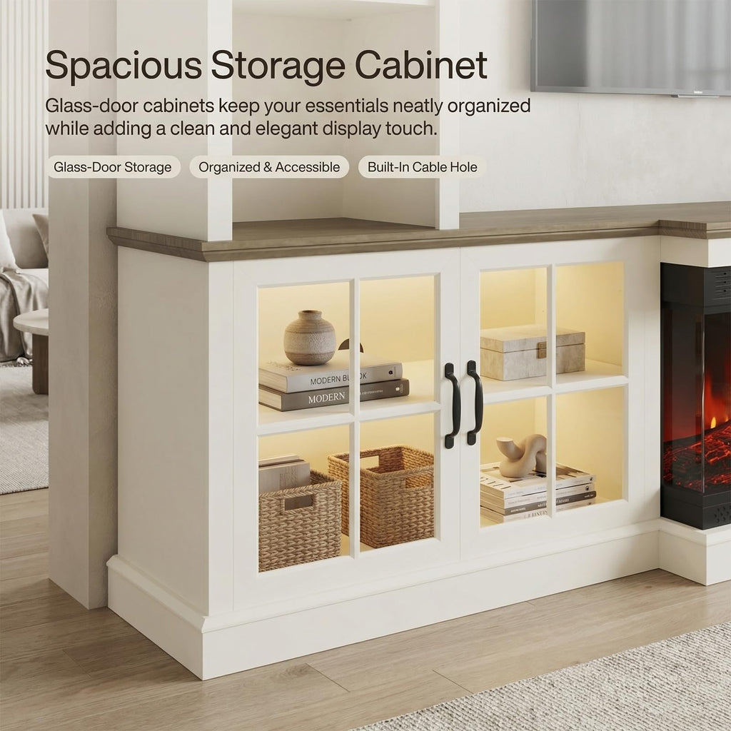 White Farmhouse TV Stand with Fireplace, Entertainment Center, 98" Wall Unit Media Console with Bookshelf, Cabinet &