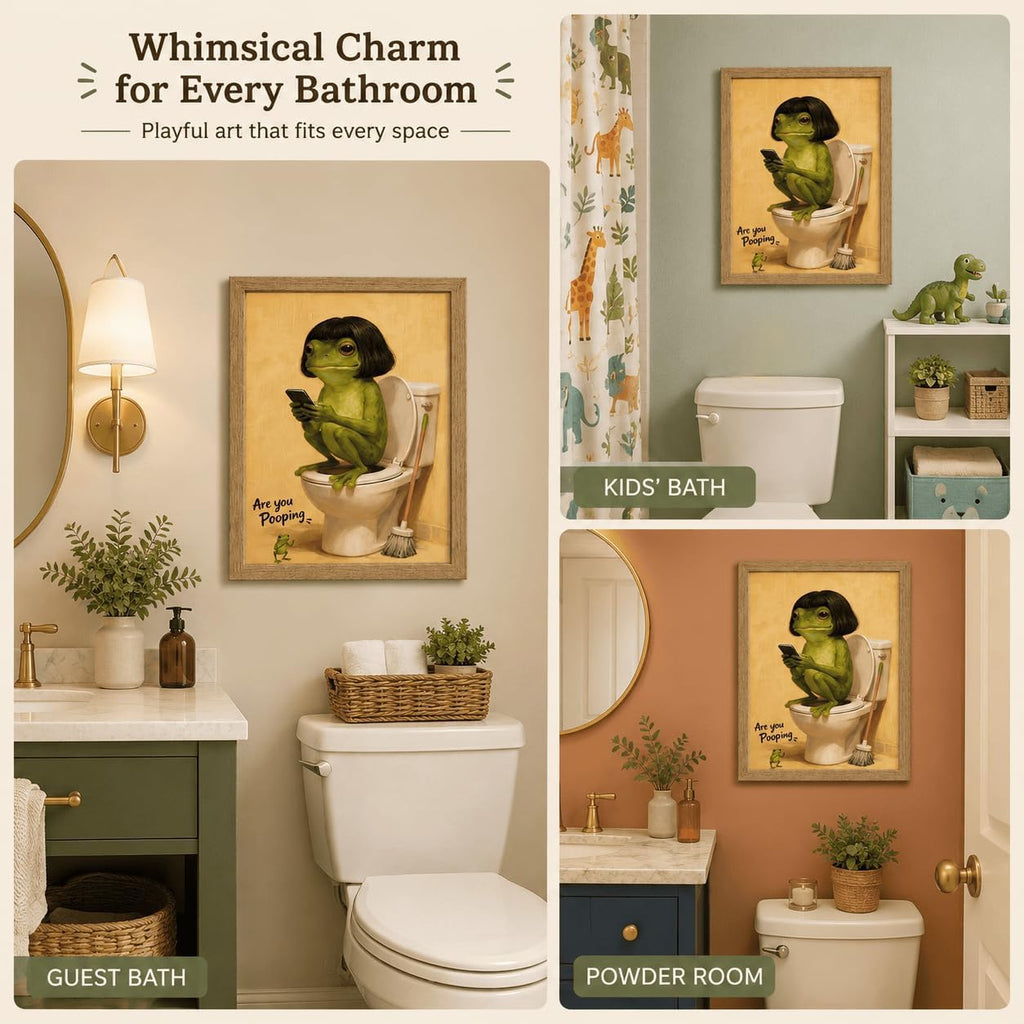 Framed Funny Bathroom Wall Art - Whimsical Retro Frog on Toilet Canvas Print, Humorous Animal Bathroom Decor - Easy