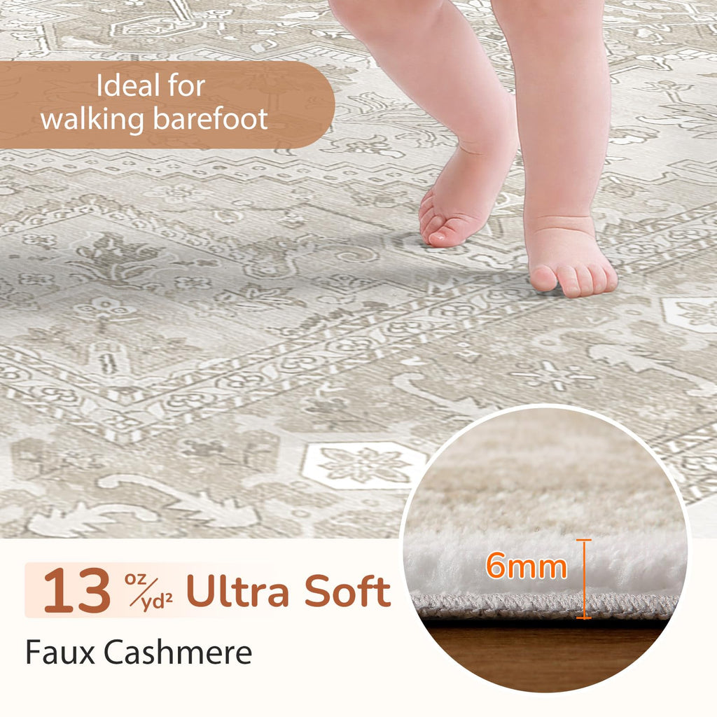 Soft Area Rugs 4', Persian-Inspired Washable Rug, Beige