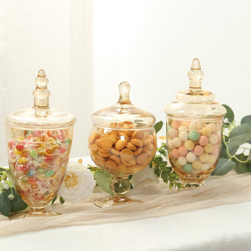 Set of 3 Amber Gold Apothecary Glass Jars with Snap On Lids, Decorative Footed Storage Jars Candy Buffet Containers