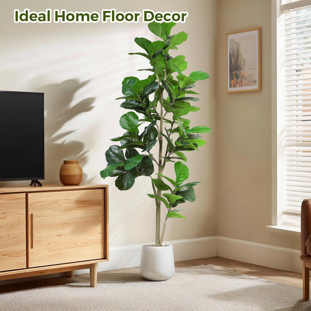 Artificial Fiddle Leaf Tree, 7ft Faux Plant Fake Ficus Lyrata Trees with White Planter - Perfect Indoor Home Decor