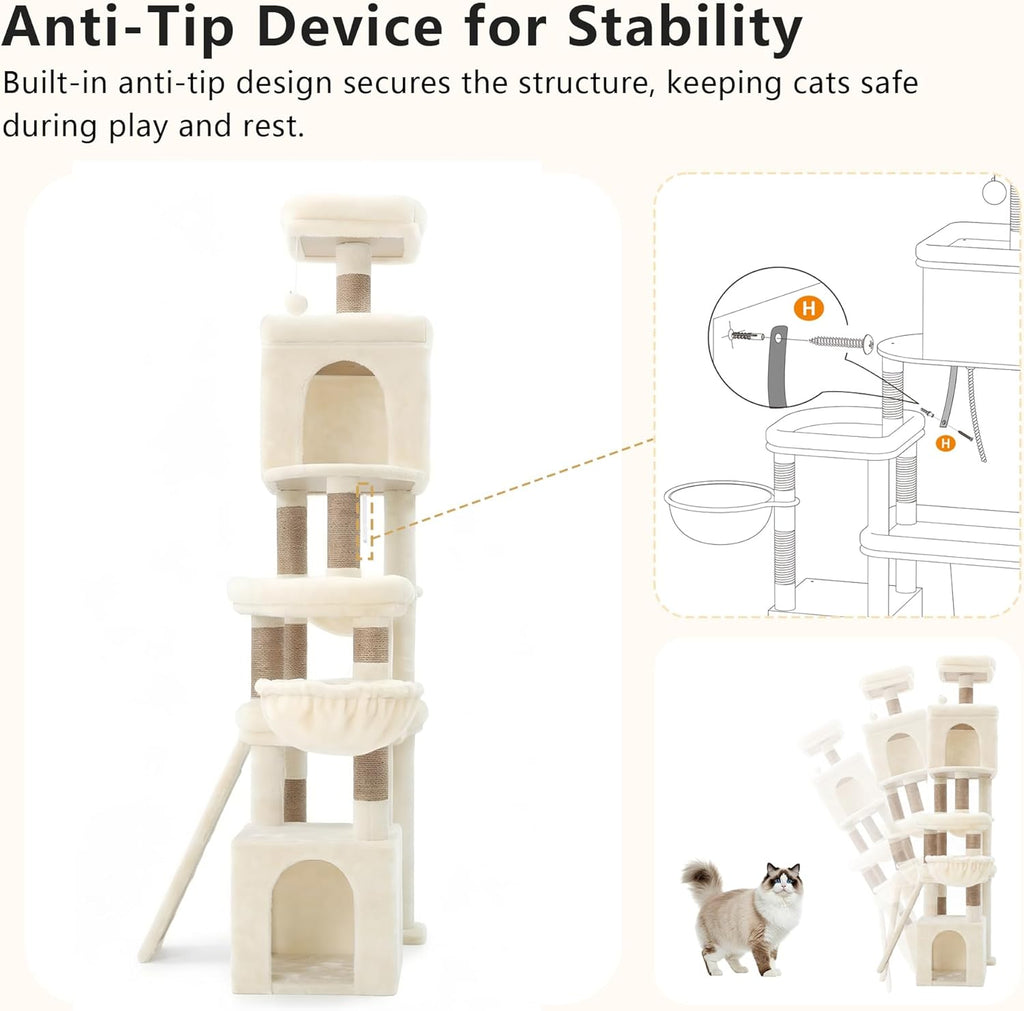 Cat Tree, 72.4-Inch Anti-Tip Cat Tower for Large Cats, All-in-One Cat Furniture with Spacious Perches