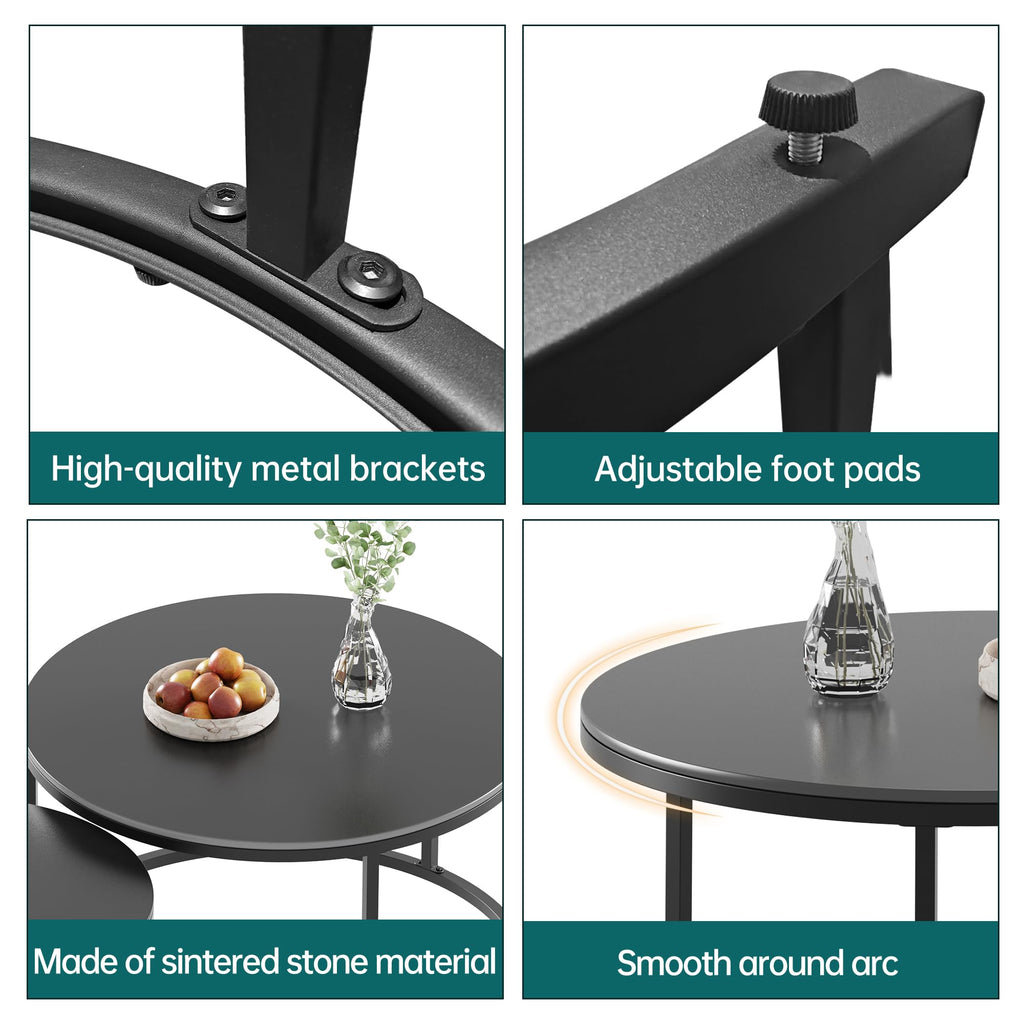 Round Nesting Coffee, Black Modern Decorative Coffee Center Set of 2, Round Sintered Stone 24'' Coffee with Sturdy