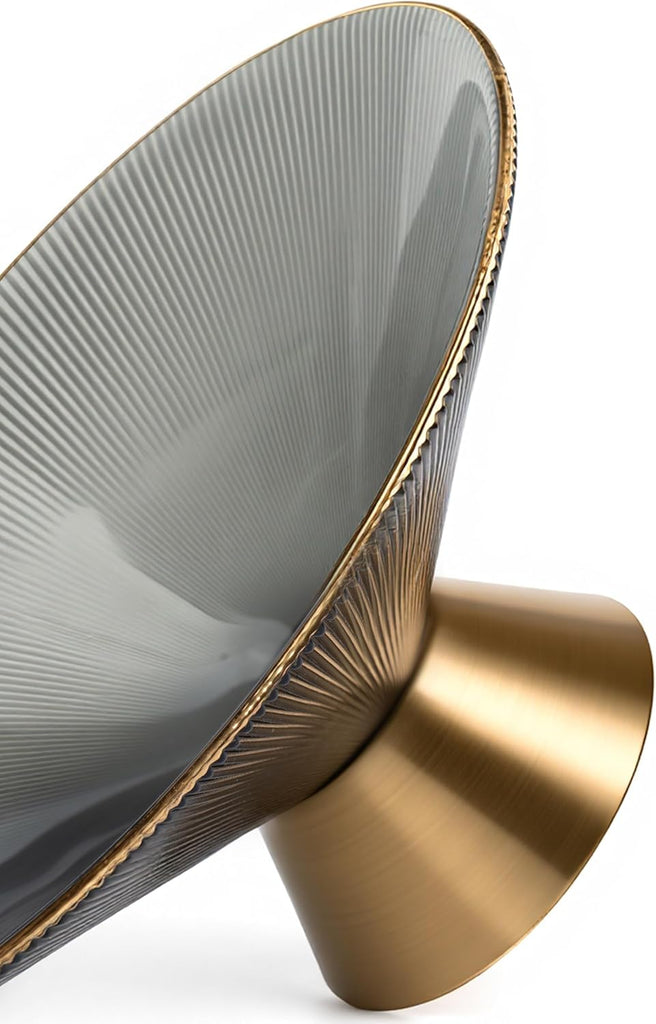 Tapered Glass Decorative Bowl(Gray), 9.8 Inches Handblown Striped Glass Bowl with Gold Trim and Rust Resistant Metal
