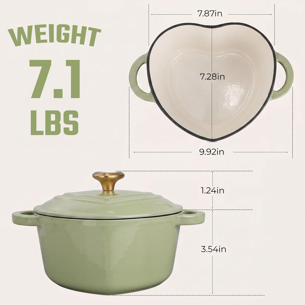 Heart Shaped Dutch Oven 2 QT, Enameled Cast Iron Pot (Green)