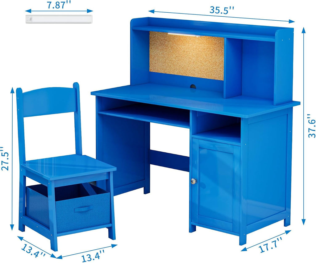 Wooden Kids Study Desk and Chair Set with Hutch and Storage Ages 3-10, Blue