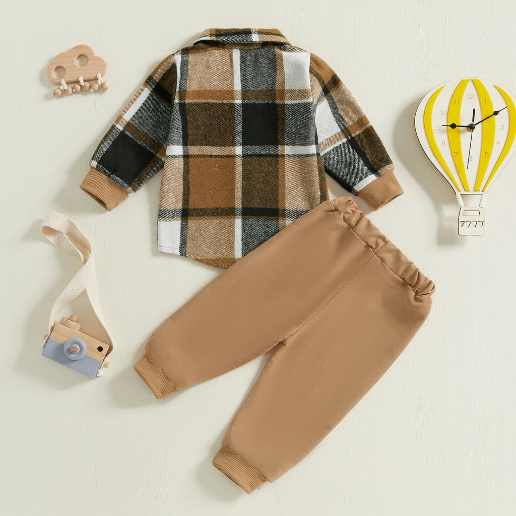 Toddler Boys Fall Outfits Plaid Flannel Baby Boy Jacket Button Down Shirts Pants 2Pcs Festival Clothes Set