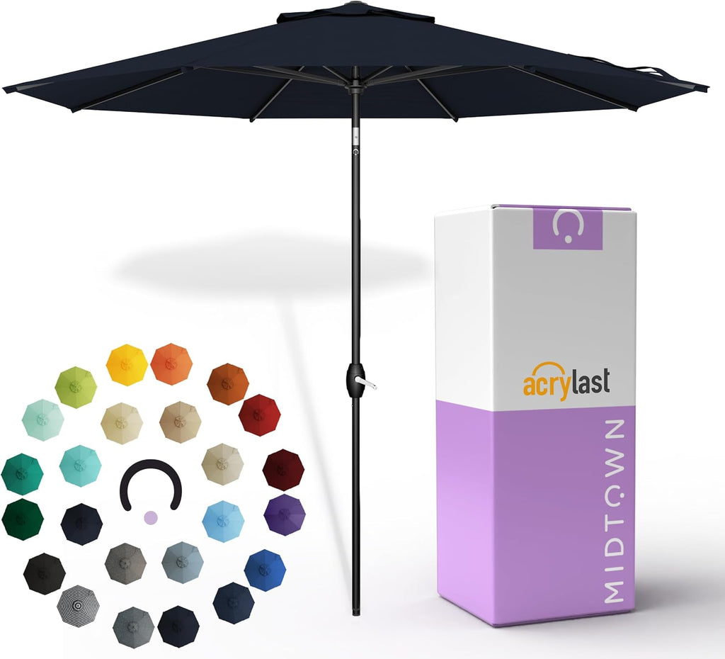 The Lean 9 Ft Patio Umbrella with 10-Year-No-Fade Acrylast Acrylic Fabric, Auto-Tilt and 8 Reinforced Ribs Pool