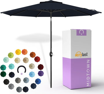 The Lean 9 Ft Patio Umbrella with 10-Year-No-Fade Acrylast Acrylic Fabric, Auto-Tilt and 8 Reinforced Ribs Pool