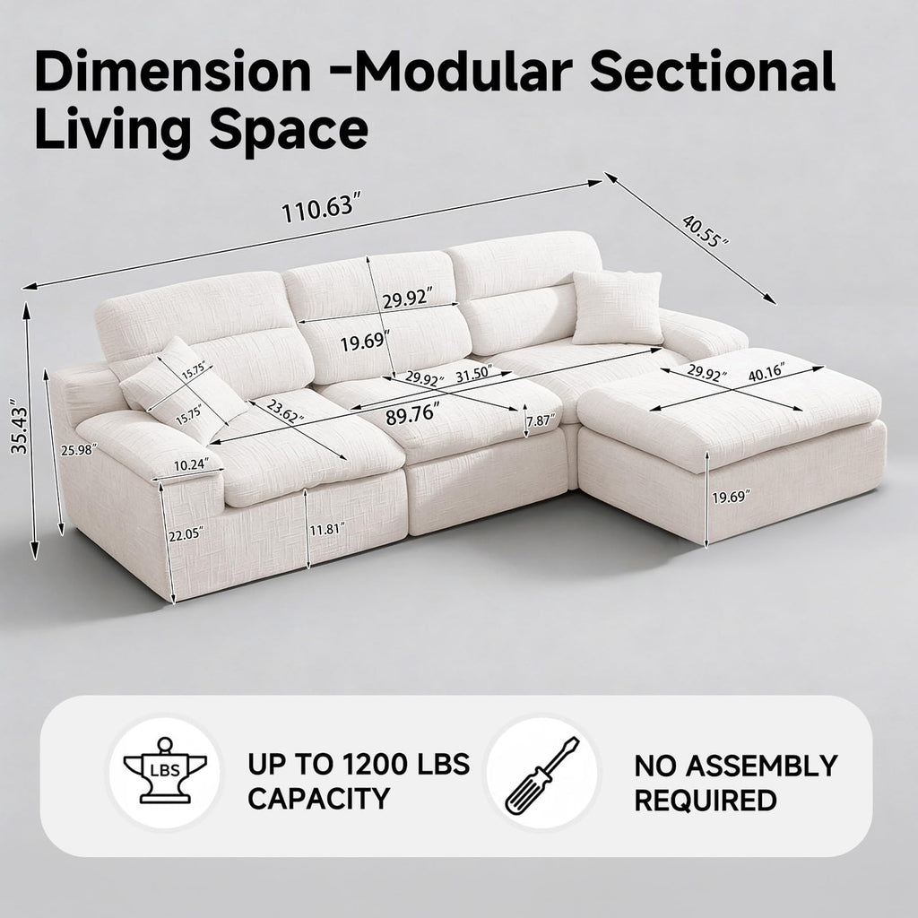 110" Sectional Boneless Sofa with Ottoman, L-Shaped Couch Bed, No-Assembly Modular Sofa, Soft Chenille Fabric Deep