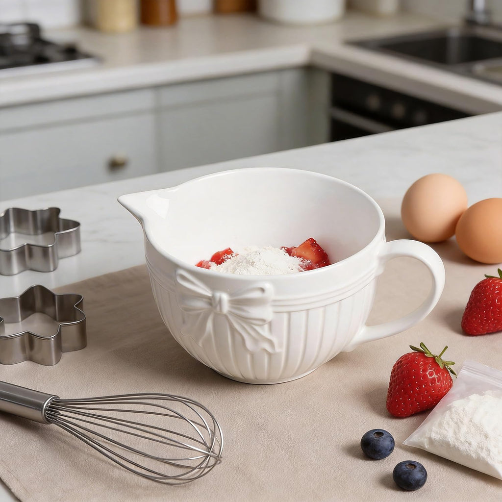 Bow Embossed Ceramic Mixing Bowl, 1 Quart Batter Bowl, with Pouring Spout and Handle, White