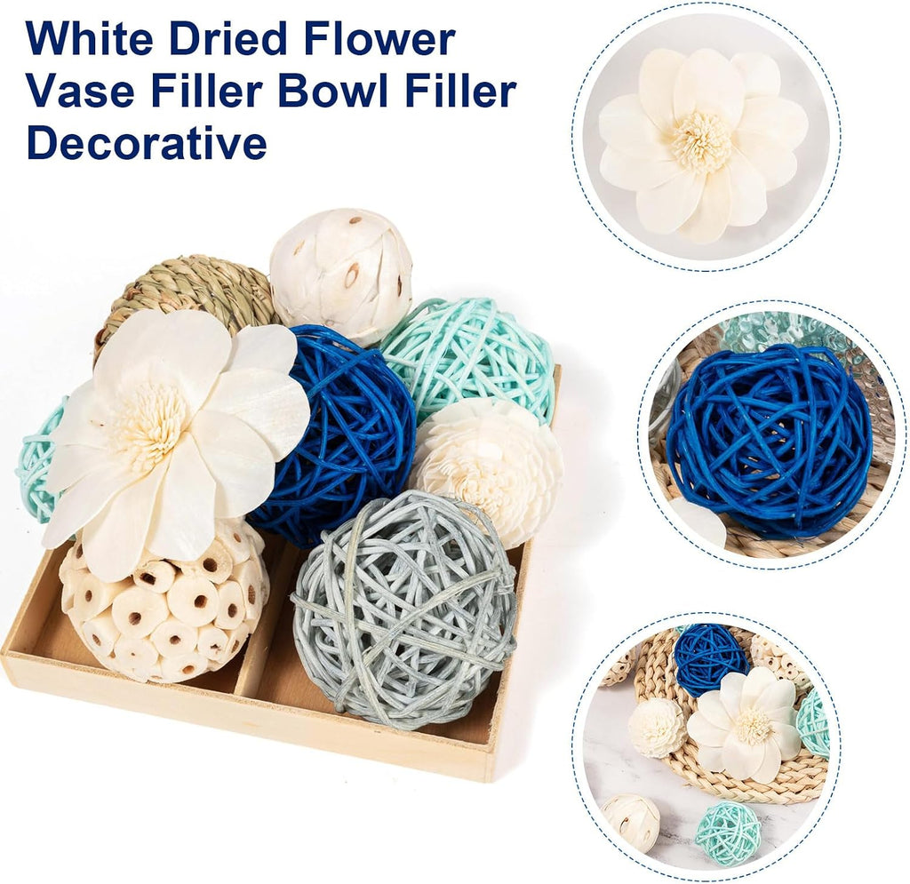Blue and White Decorative Balls for Potpourri Bowl Filler, Bowl Filler for Table Centerpiece Home Decor, Woven - Set of 15