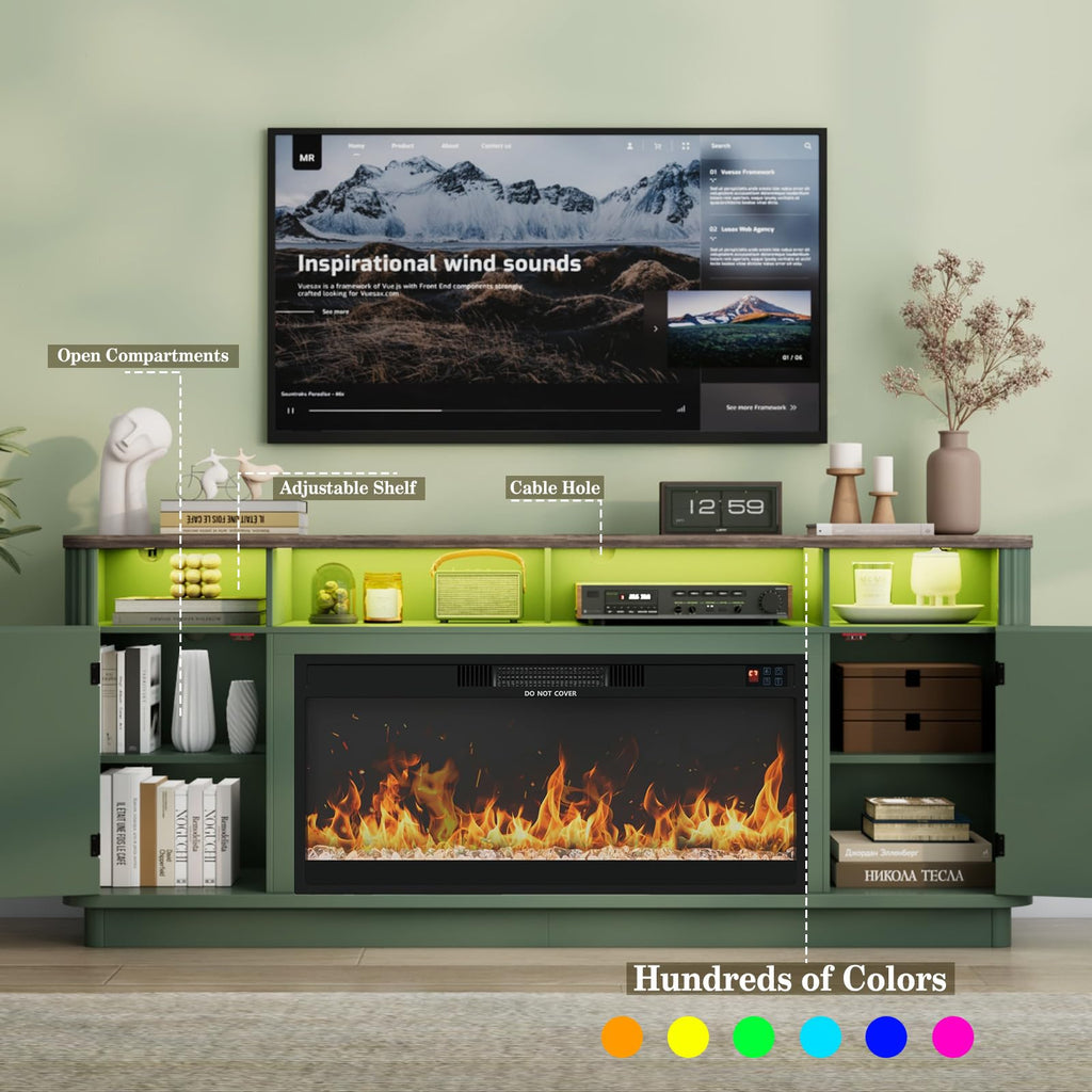 70" Fluted Fireplace TV Stand Modern Entertainment Center with 36" Electric Fireplace, Wood Media Console w/Power