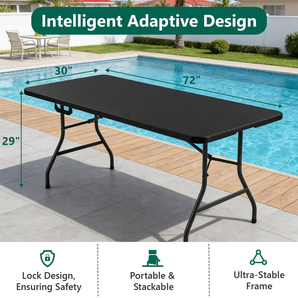 Folding Table 2 Pack, 6FT Heavy Duty Plastic Table with Handle, Foldable&Portable, Fold-in-Half Utility Tables for