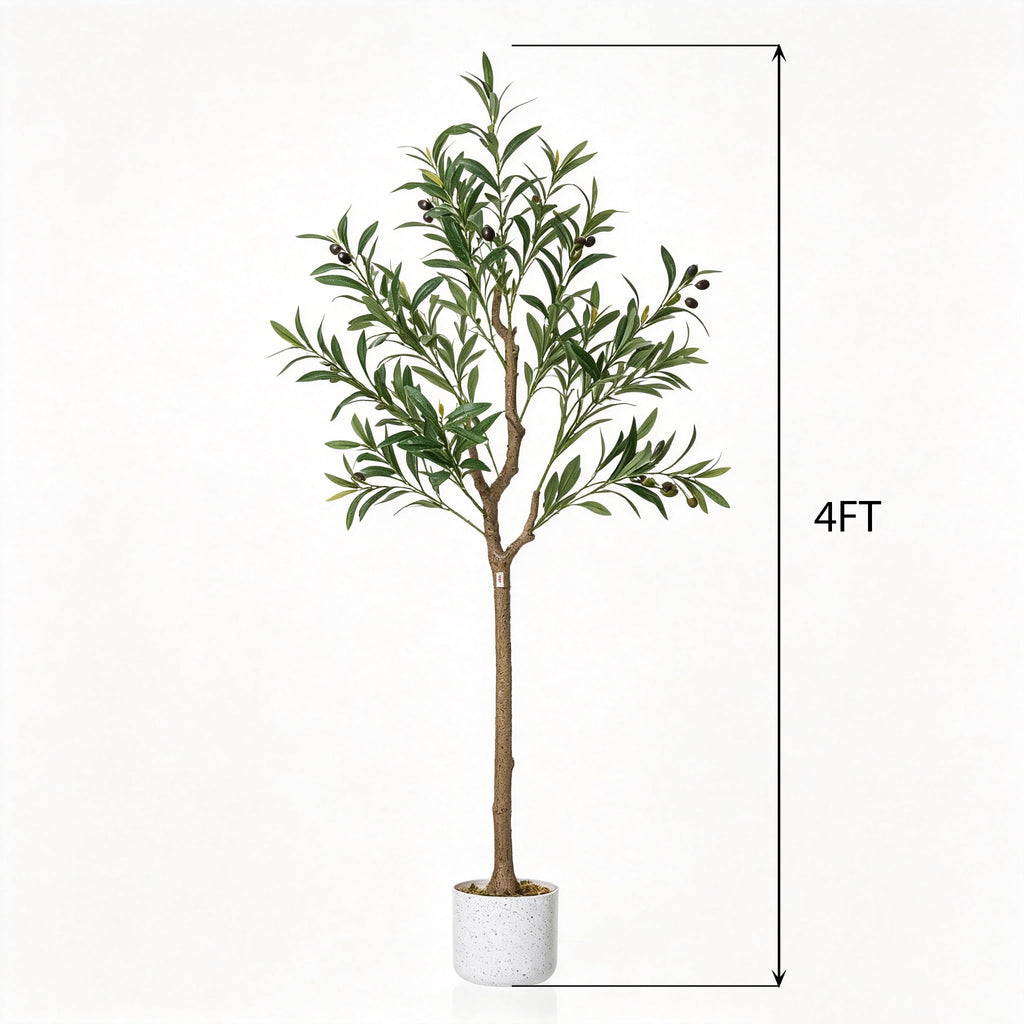 4FT Faux Olive Tree, Indoor Artificial Potted Olive Tree with White Planter, Lifelike 14 Fruits and Realistic Leaves