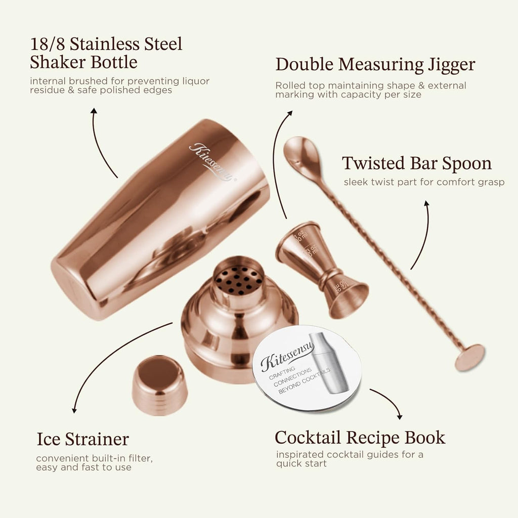 Cocktail Shaker Set, Stainless Steel Bartending Kit with 25 Ounce Cocktail Shaker with Built in Drink Strainer - Set of 6