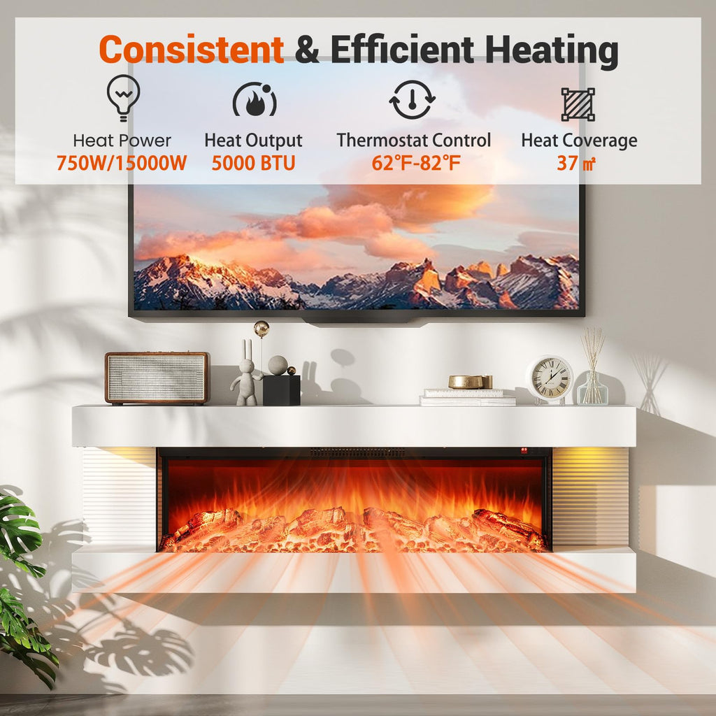 3 Sided Wall Mount Electric Fireplace w/ 50" Floating Mantel, White