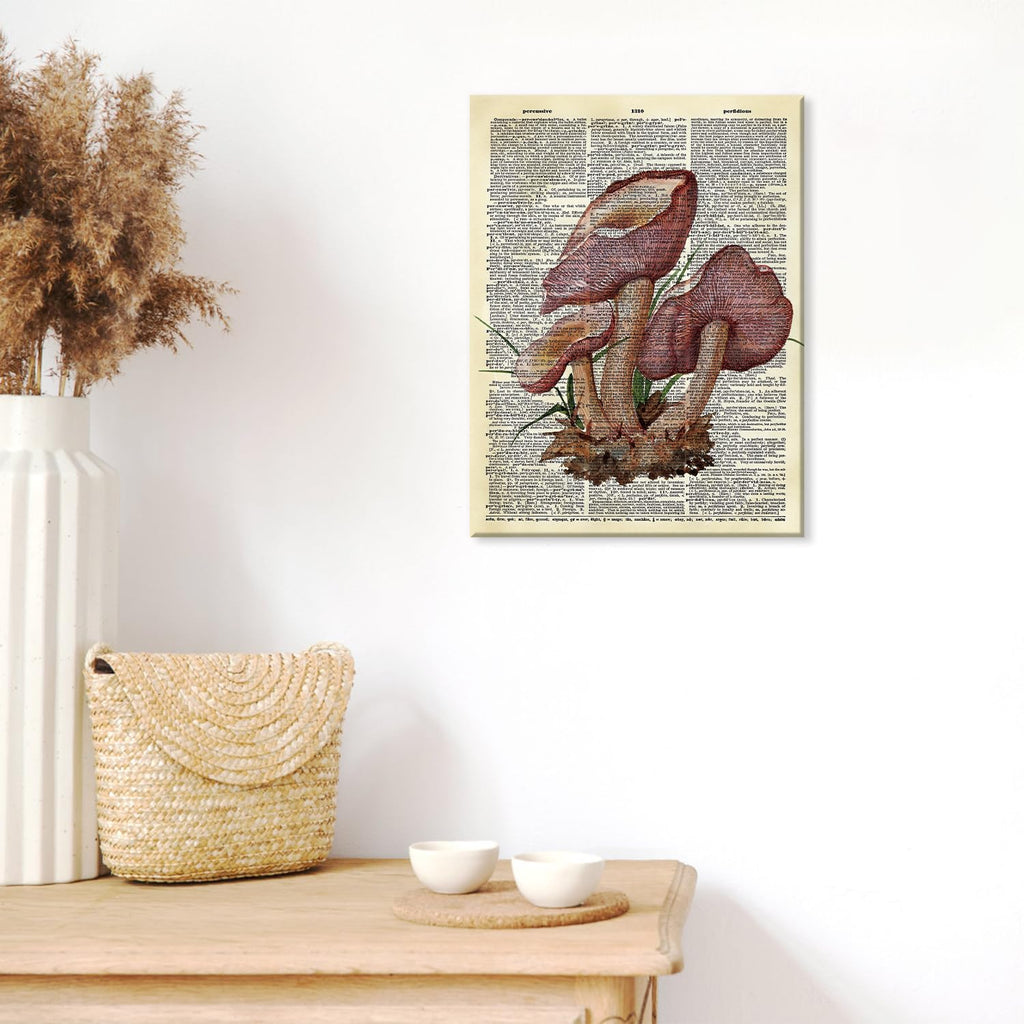 Vintage Mushroom Canvas Wall Art, Antique Dictionary Page Fungi Print, Botanical Mushroom Wall Decor, Retro Mycology