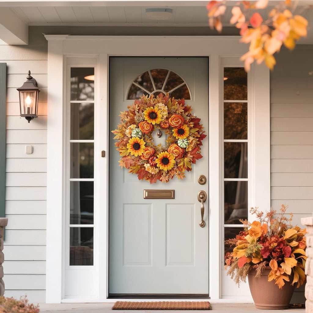 28" Large Artificial Maple Leaves Fall Wreath for Front Door(Orange-Yellow)